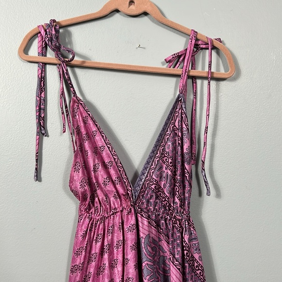 Women’s Silk Maxi Layered Open Back Shoulder Tie Purple Pink Dress OS - Picture 10 of 16